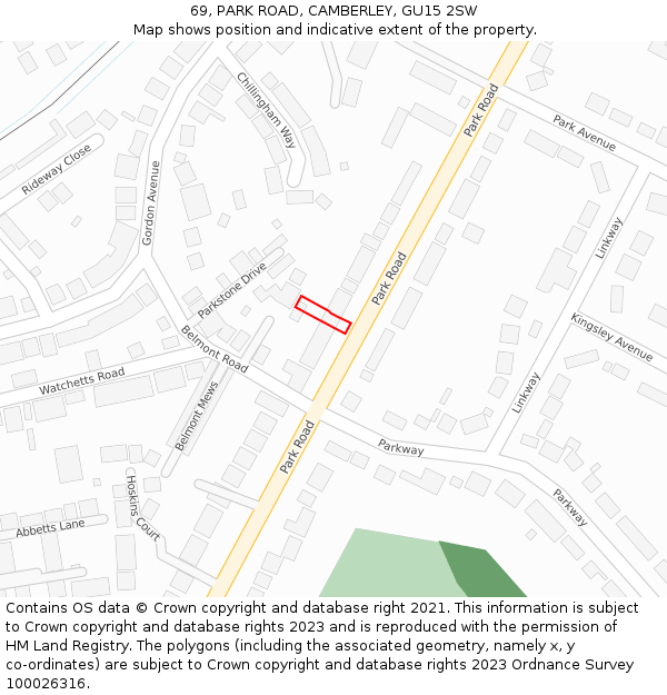 69, PARK ROAD, CAMBERLEY, GU15 2SW: Location map and indicative extent of plot