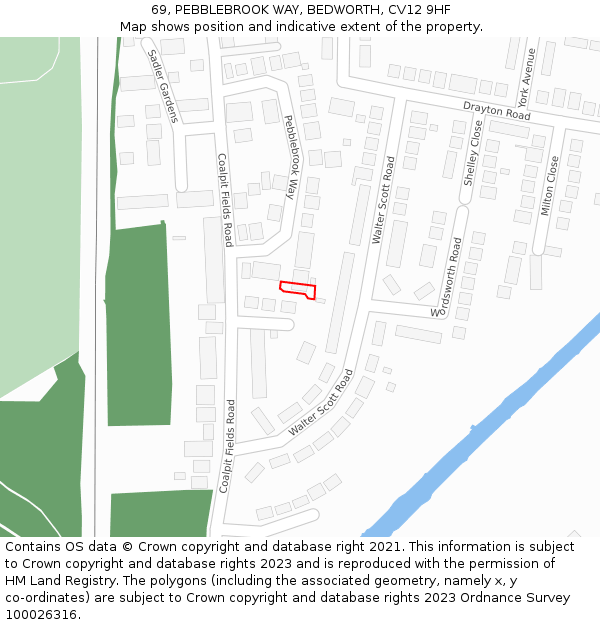 69, PEBBLEBROOK WAY, BEDWORTH, CV12 9HF: Location map and indicative extent of plot