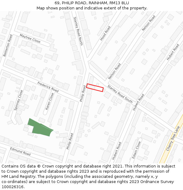 69, PHILIP ROAD, RAINHAM, RM13 8LU: Location map and indicative extent of plot