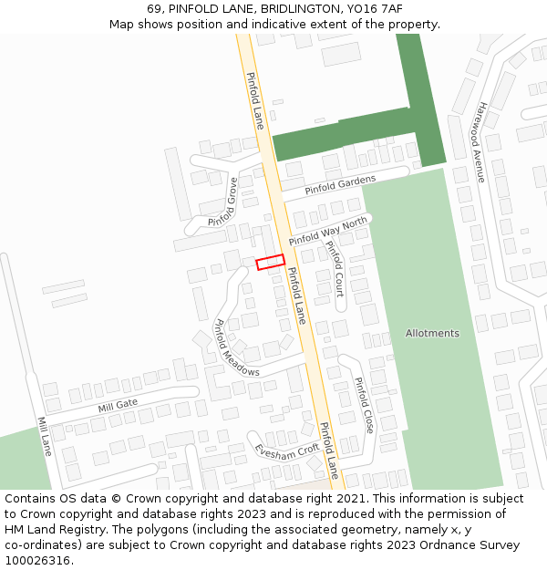 69, PINFOLD LANE, BRIDLINGTON, YO16 7AF: Location map and indicative extent of plot
