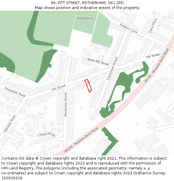 69, PITT STREET, ROTHERHAM, S61 2PD: Location map and indicative extent of plot