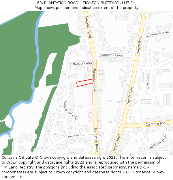 69, PLANTATION ROAD, LEIGHTON BUZZARD, LU7 3HJ: Location map and indicative extent of plot