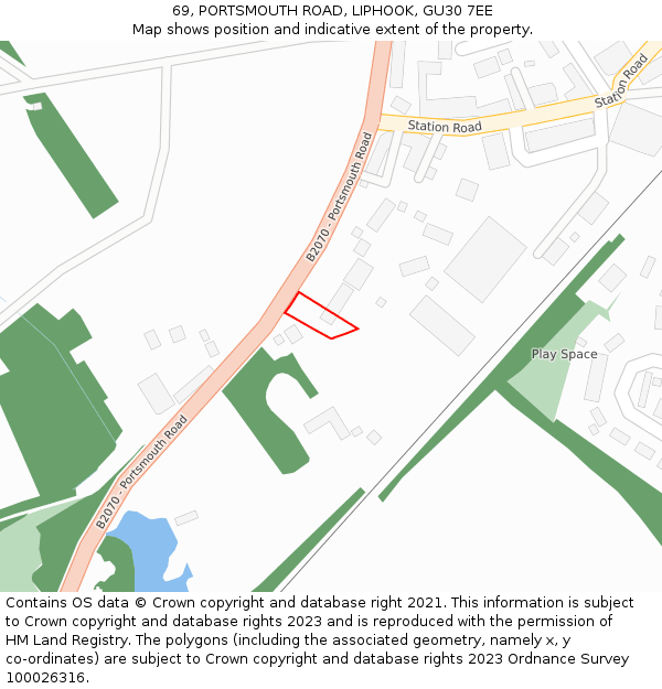 69, PORTSMOUTH ROAD, LIPHOOK, GU30 7EE: Location map and indicative extent of plot
