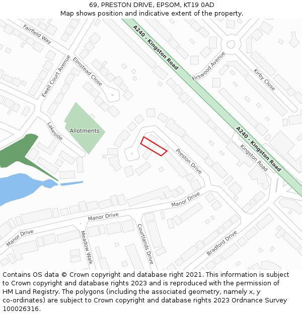 69, PRESTON DRIVE, EPSOM, KT19 0AD: Location map and indicative extent of plot