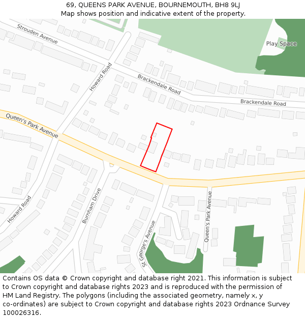69, QUEENS PARK AVENUE, BOURNEMOUTH, BH8 9LJ: Location map and indicative extent of plot