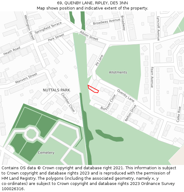 69, QUENBY LANE, RIPLEY, DE5 3NN: Location map and indicative extent of plot