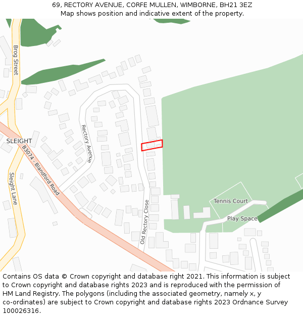 69, RECTORY AVENUE, CORFE MULLEN, WIMBORNE, BH21 3EZ: Location map and indicative extent of plot
