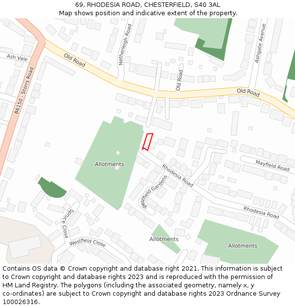 69, RHODESIA ROAD, CHESTERFIELD, S40 3AL: Location map and indicative extent of plot