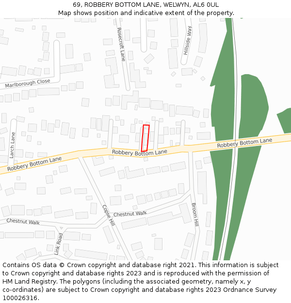 69, ROBBERY BOTTOM LANE, WELWYN, AL6 0UL: Location map and indicative extent of plot