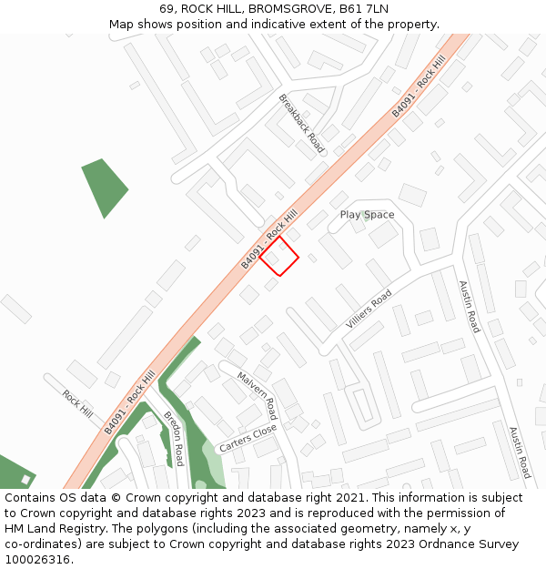 69, ROCK HILL, BROMSGROVE, B61 7LN: Location map and indicative extent of plot