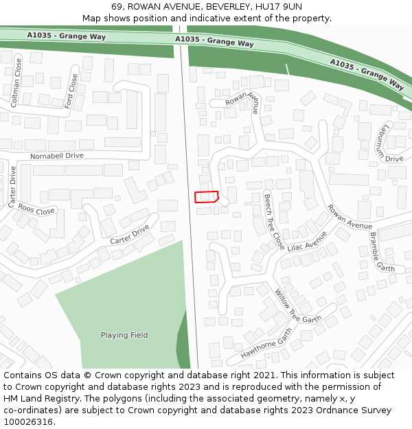 69, ROWAN AVENUE, BEVERLEY, HU17 9UN: Location map and indicative extent of plot