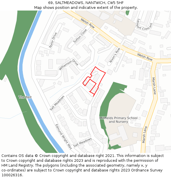 69, SALTMEADOWS, NANTWICH, CW5 5HF: Location map and indicative extent of plot