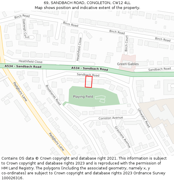 69, SANDBACH ROAD, CONGLETON, CW12 4LL: Location map and indicative extent of plot