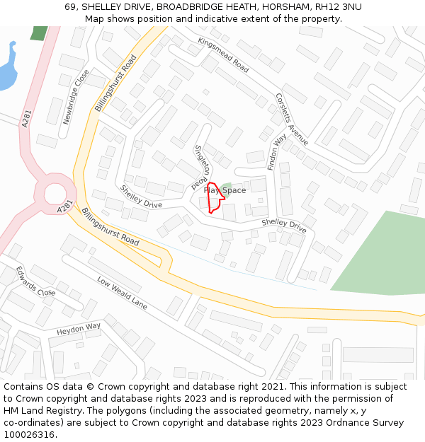 69, SHELLEY DRIVE, BROADBRIDGE HEATH, HORSHAM, RH12 3NU: Location map and indicative extent of plot