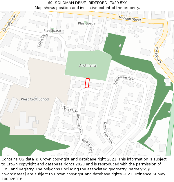 69, SOLOMAN DRIVE, BIDEFORD, EX39 5XY: Location map and indicative extent of plot