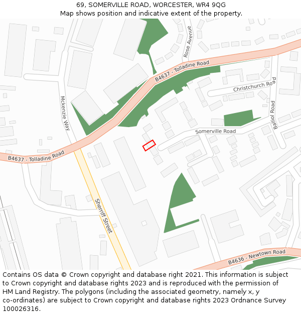 69, SOMERVILLE ROAD, WORCESTER, WR4 9QG: Location map and indicative extent of plot