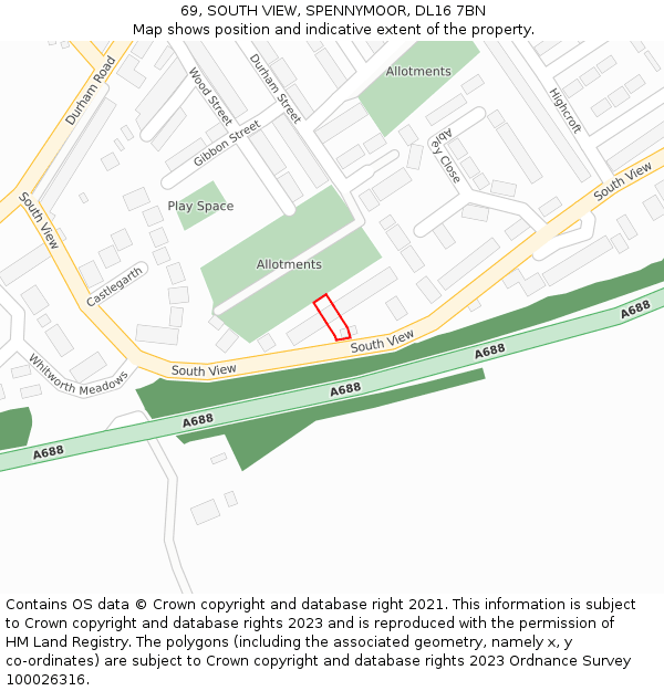 69, SOUTH VIEW, SPENNYMOOR, DL16 7BN: Location map and indicative extent of plot