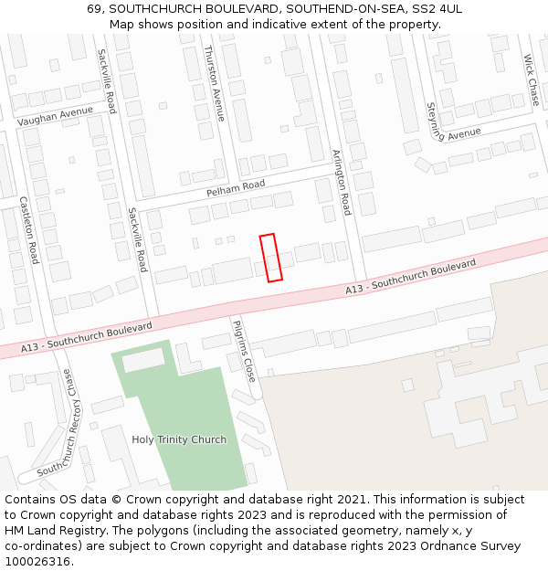 69, SOUTHCHURCH BOULEVARD, SOUTHEND-ON-SEA, SS2 4UL: Location map and indicative extent of plot