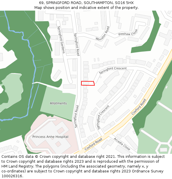 69, SPRINGFORD ROAD, SOUTHAMPTON, SO16 5HX: Location map and indicative extent of plot