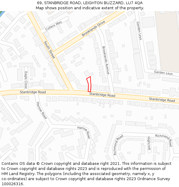 69, STANBRIDGE ROAD, LEIGHTON BUZZARD, LU7 4QA: Location map and indicative extent of plot