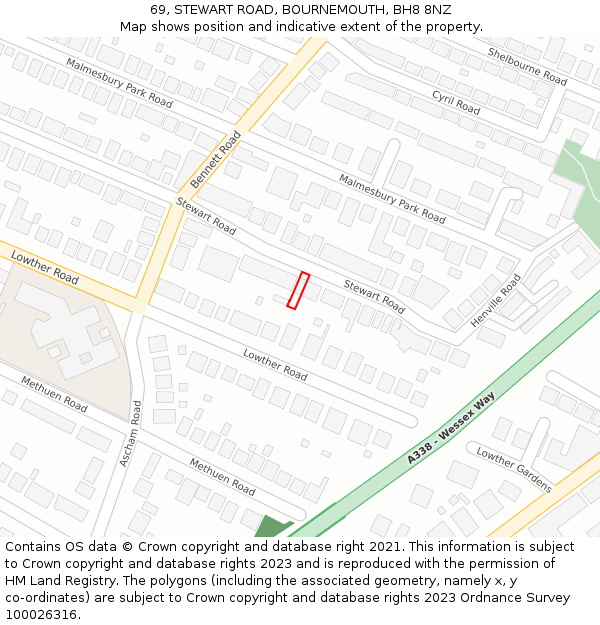 69, STEWART ROAD, BOURNEMOUTH, BH8 8NZ: Location map and indicative extent of plot