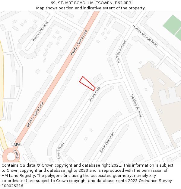 69, STUART ROAD, HALESOWEN, B62 0EB: Location map and indicative extent of plot