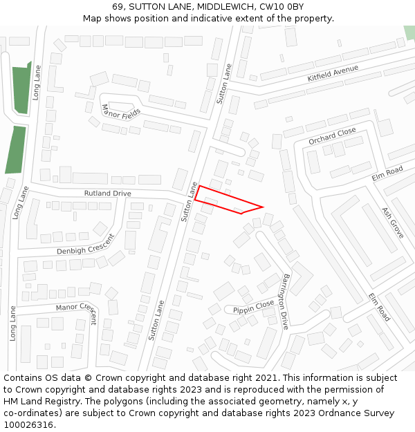 69, SUTTON LANE, MIDDLEWICH, CW10 0BY: Location map and indicative extent of plot