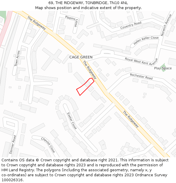 69, THE RIDGEWAY, TONBRIDGE, TN10 4NL: Location map and indicative extent of plot