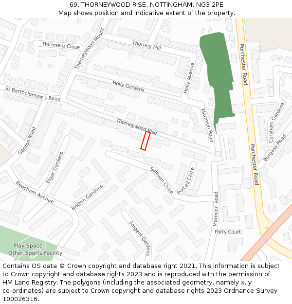 69, THORNEYWOOD RISE, NOTTINGHAM, NG3 2PE: Location map and indicative extent of plot