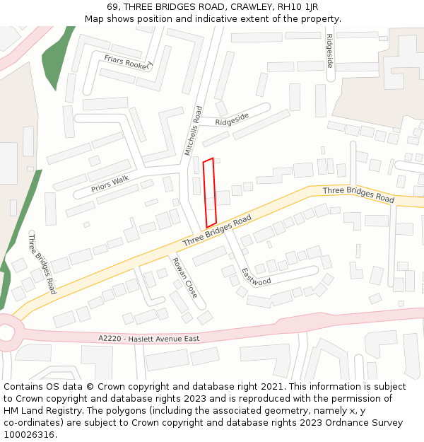69, THREE BRIDGES ROAD, CRAWLEY, RH10 1JR: Location map and indicative extent of plot