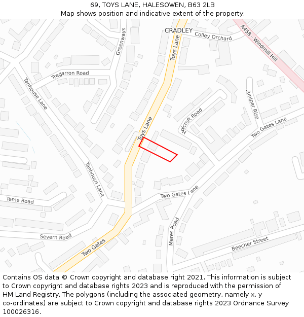 69, TOYS LANE, HALESOWEN, B63 2LB: Location map and indicative extent of plot