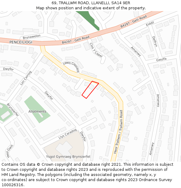 69, TRALLWM ROAD, LLANELLI, SA14 9ER: Location map and indicative extent of plot