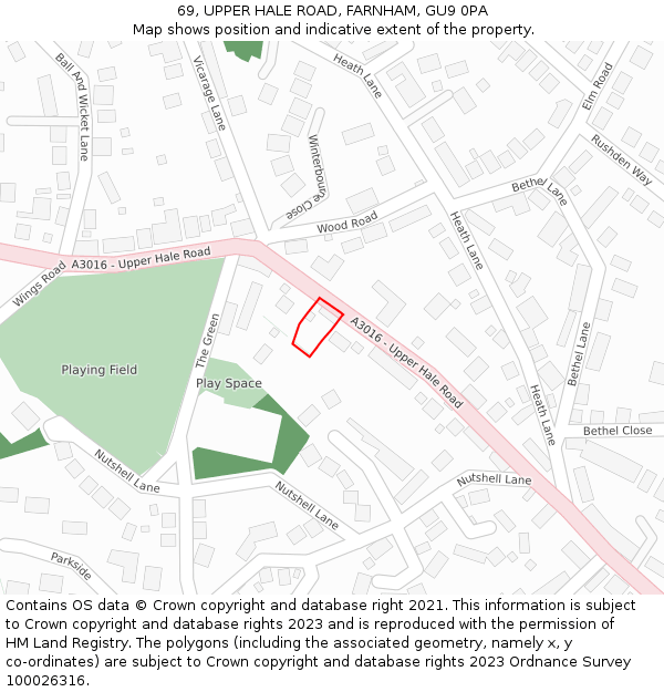 69, UPPER HALE ROAD, FARNHAM, GU9 0PA: Location map and indicative extent of plot