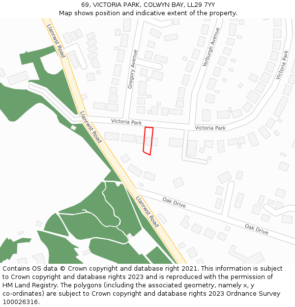 69, VICTORIA PARK, COLWYN BAY, LL29 7YY: Location map and indicative extent of plot