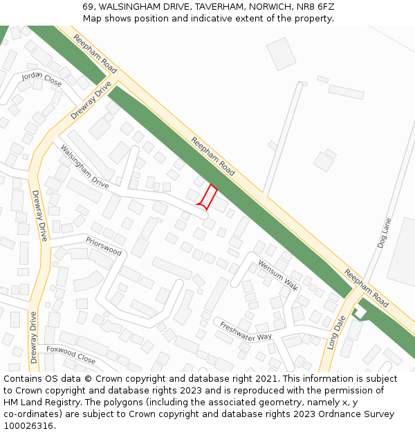 69, WALSINGHAM DRIVE, TAVERHAM, NORWICH, NR8 6FZ: Location map and indicative extent of plot