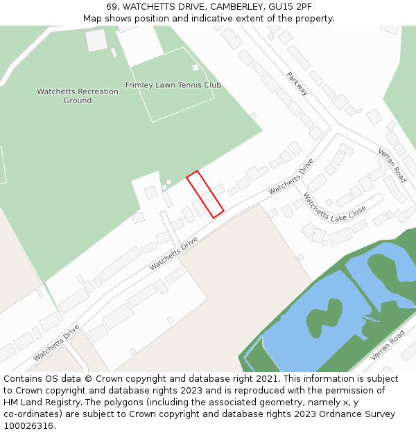 69, WATCHETTS DRIVE, CAMBERLEY, GU15 2PF: Location map and indicative extent of plot