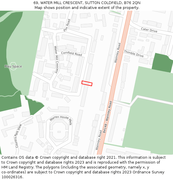 69, WATER MILL CRESCENT, SUTTON COLDFIELD, B76 2QN: Location map and indicative extent of plot