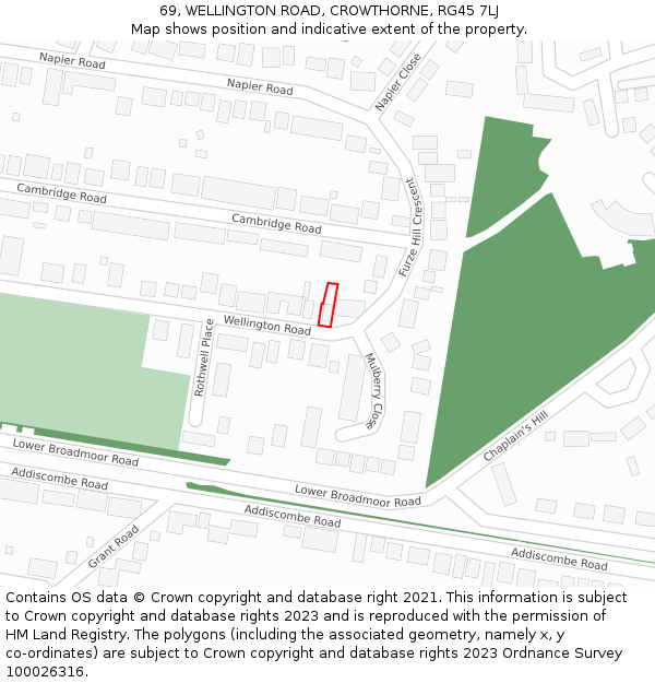 69, WELLINGTON ROAD, CROWTHORNE, RG45 7LJ: Location map and indicative extent of plot