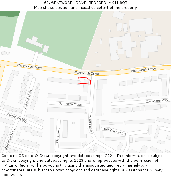 69, WENTWORTH DRIVE, BEDFORD, MK41 8QB: Location map and indicative extent of plot