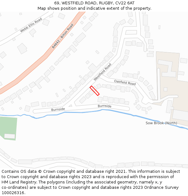 69, WESTFIELD ROAD, RUGBY, CV22 6AT: Location map and indicative extent of plot