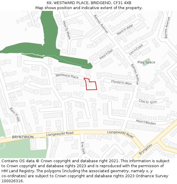 69, WESTWARD PLACE, BRIDGEND, CF31 4XB: Location map and indicative extent of plot
