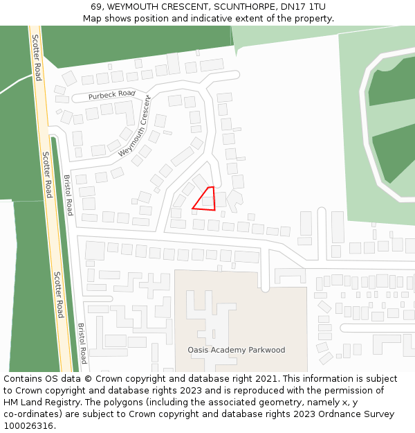 69, WEYMOUTH CRESCENT, SCUNTHORPE, DN17 1TU: Location map and indicative extent of plot
