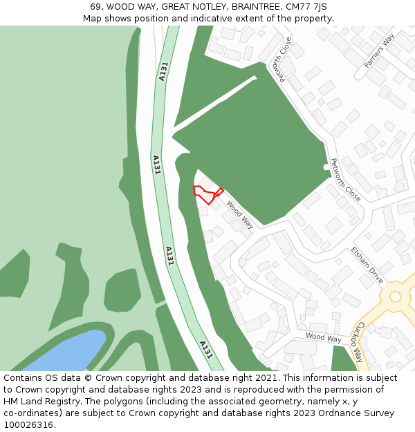 69, WOOD WAY, GREAT NOTLEY, BRAINTREE, CM77 7JS: Location map and indicative extent of plot