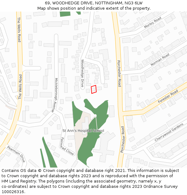 69, WOODHEDGE DRIVE, NOTTINGHAM, NG3 6LW: Location map and indicative extent of plot
