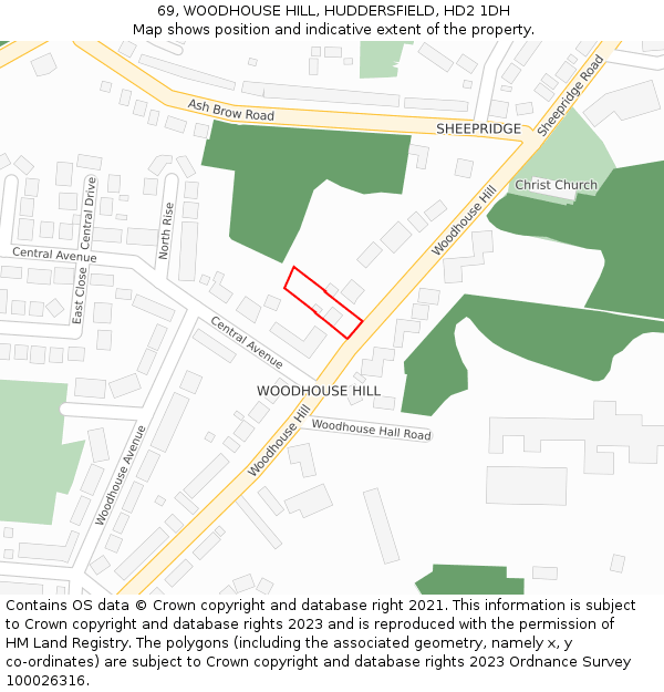 69, WOODHOUSE HILL, HUDDERSFIELD, HD2 1DH: Location map and indicative extent of plot