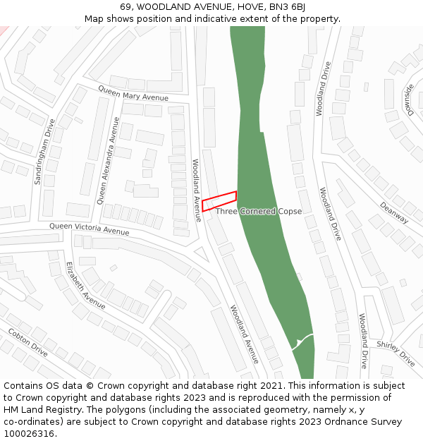 69, WOODLAND AVENUE, HOVE, BN3 6BJ: Location map and indicative extent of plot