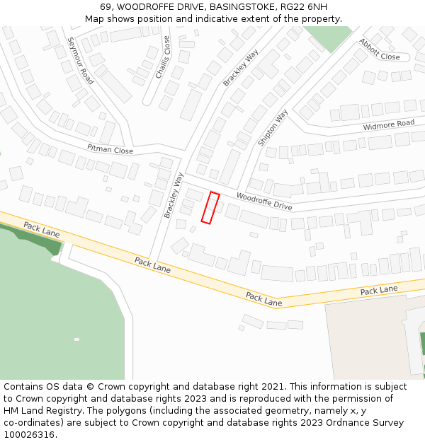 69, WOODROFFE DRIVE, BASINGSTOKE, RG22 6NH: Location map and indicative extent of plot