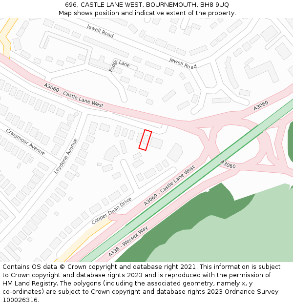 696, CASTLE LANE WEST, BOURNEMOUTH, BH8 9UQ: Location map and indicative extent of plot
