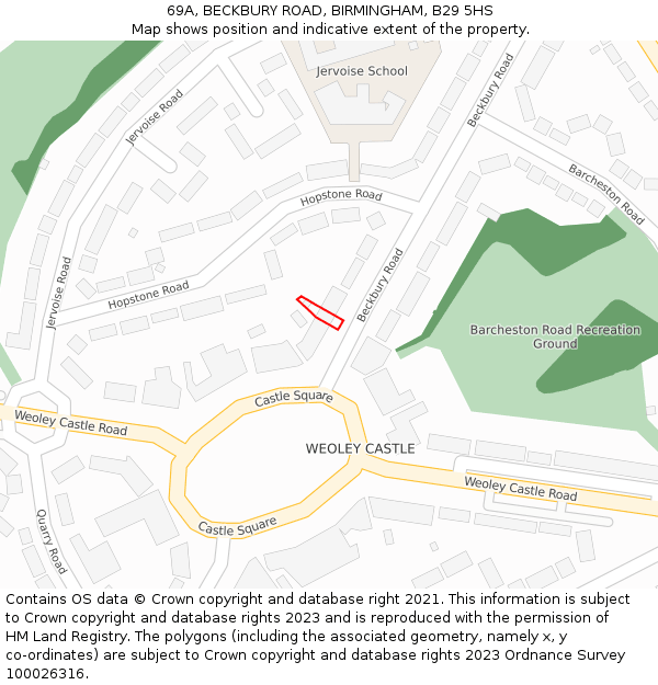 69A, BECKBURY ROAD, BIRMINGHAM, B29 5HS: Location map and indicative extent of plot