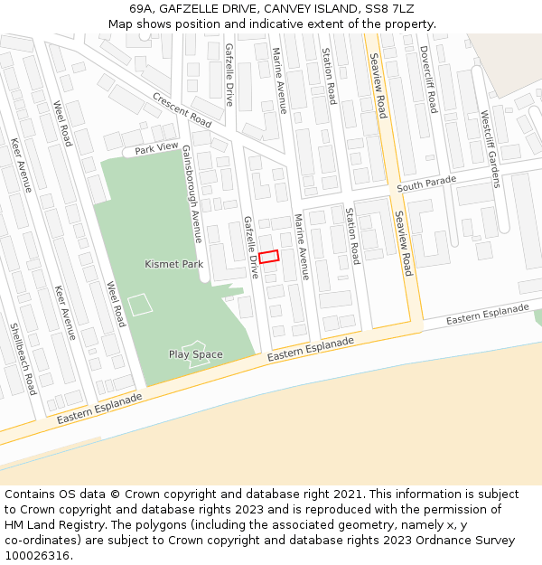 69A, GAFZELLE DRIVE, CANVEY ISLAND, SS8 7LZ: Location map and indicative extent of plot